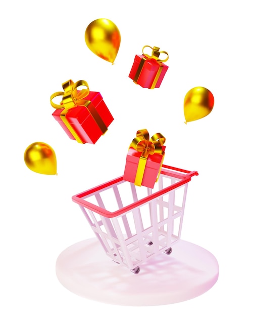 Shop banner with cart gifts and balloons in 3d style vector illustration