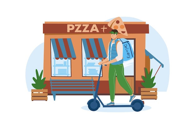 Shop blue concept with people scene in the flat cartoon design courier took the pizza from the cafe