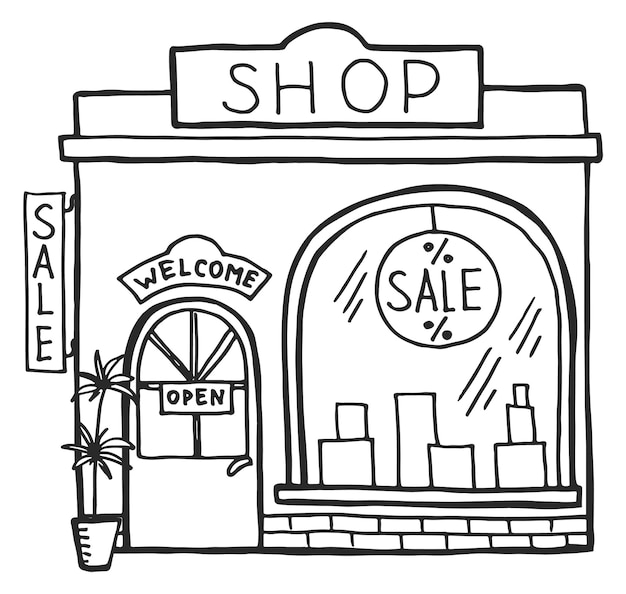 Shop building sketch Black line doodle drawing isolated on white background