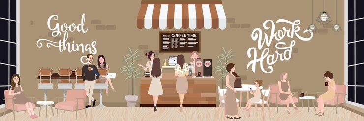 Vector 카페 가게 조수, 현금관 뒤에 있는 웨이트리스, 카페 주인, 커피 가게 상황 장면, 소녀