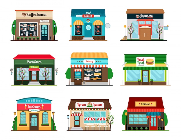 shop and cafe colorful storefront collection. bookstore, coffee house and oriental food restaurant