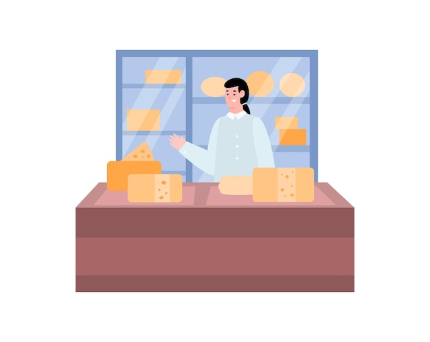 Vector shop counter with a cheese seller cartoon illustration on white