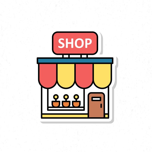 Shop flat cartoon icon illustration. Sticker design.