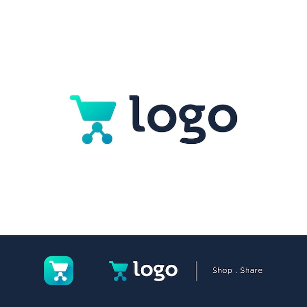 Shop logo with cart and share symbol in simple and flat style
