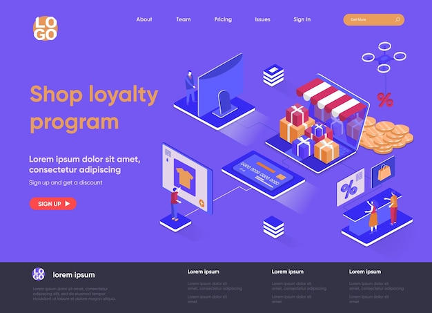 Vector shop loyalty program 3d isometric landing page illustration with people characters