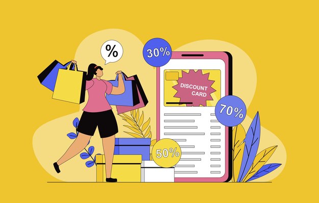 Shop loyalty program concept with modern flat design for web Woman receiving discount card with cumulative bonuses for regular customer from store and making bargain purchases Vector illustration