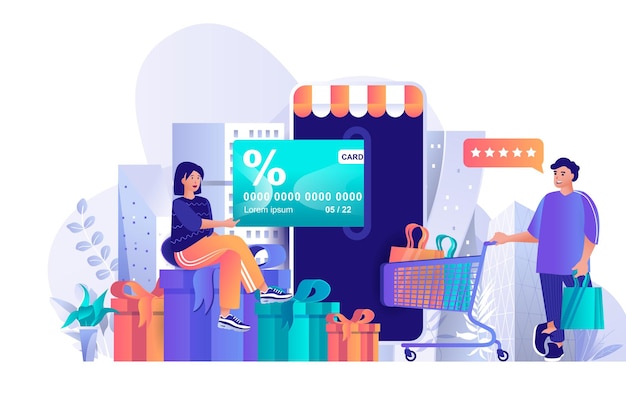 Shop loyalty program flat design concept illustration of people characters