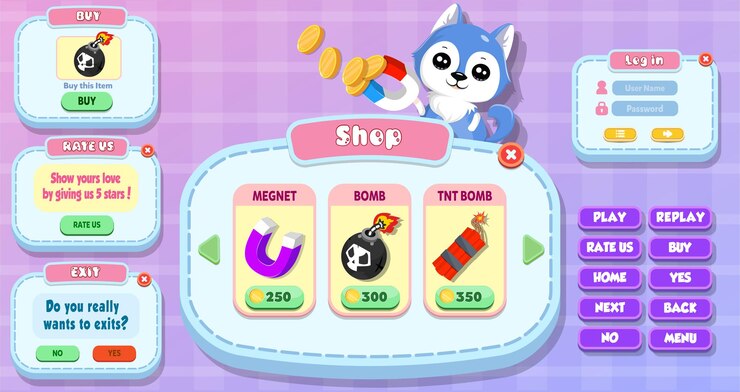 Shop menu, buy bomb, rate us, exit and log in menu pop up