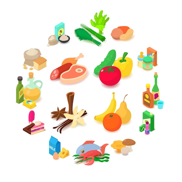 Vector shop navigation foods icons set, isometric style