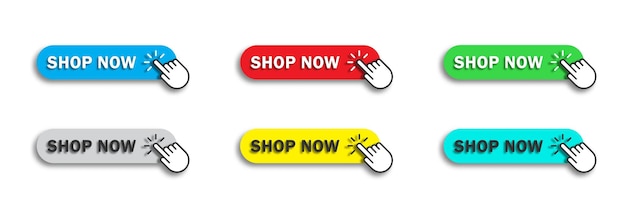 Shop now button with hand cursor Flat vector illustration