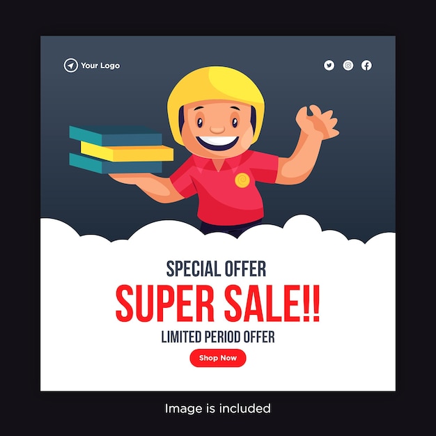 Shop now special offer super sale banner design with delivery boy with pizza boxes