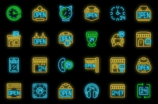 Shop opening hours icons set vector neon