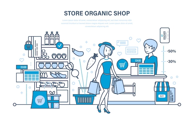 Shop organic products counter with products ordering and purchasing goods