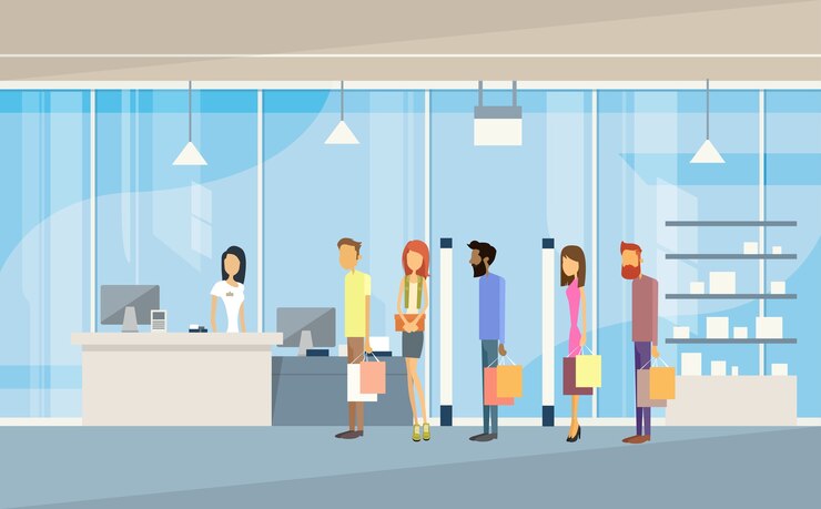 Vector shop people group with bags line cash desk shopping mall