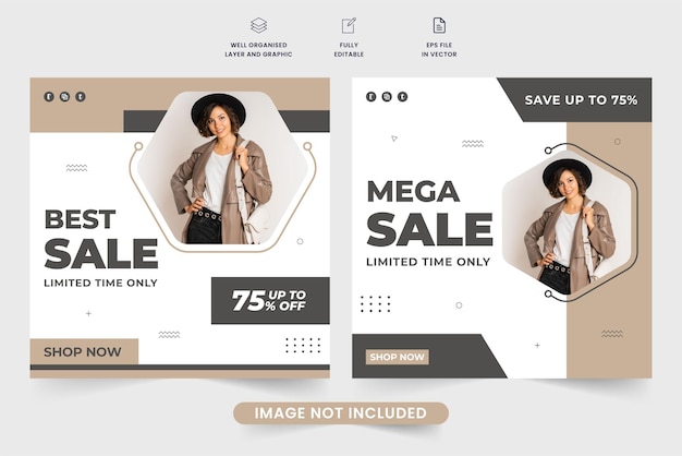 Shop promotions and special discount social media post with photo placeholders Modern business advertising template vector with khaki and dark colors Mega sale web banner design for marketing