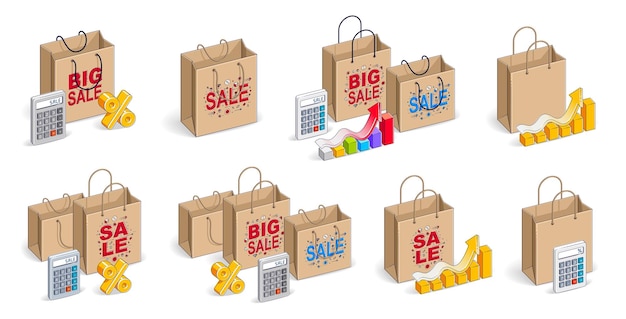 Shop retail sale vector 3D illustrations set isolated on white background, shopping bags with money and other elements, store discount, Black Friday concept, clearance.