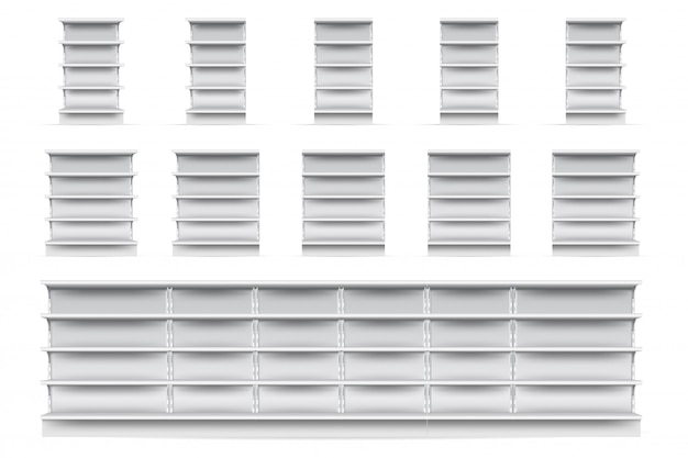 Vector shop shelves set.  empty supermarket store showcase shelve icon collection. realistic blank white retail shop display shelves front view.  market and business concept