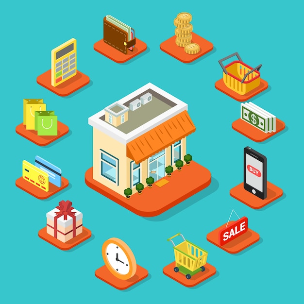 Shop store building infographic icon set flat d isometric style