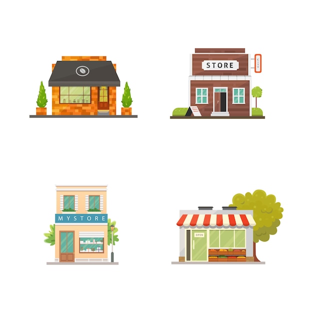 Vector shop store buildings vector illustrations set market exterior restaurant and cafe urban front houses