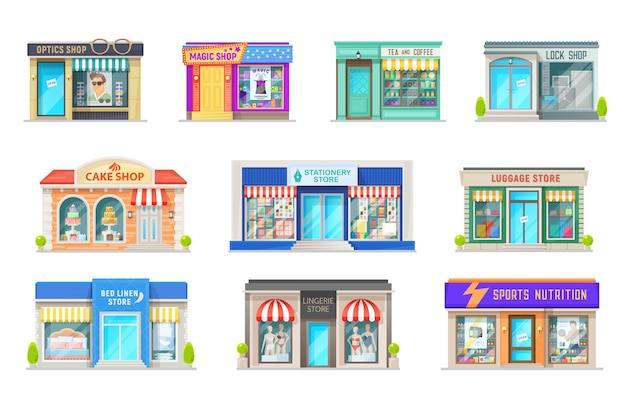 Vector shop store and street market building icons