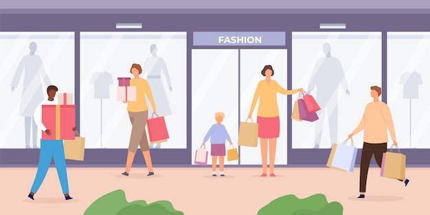 Vector shop street with people. urban landscape with store showcases with mannequins and customers walking with shopping bags, flat vector concept. illustration street shop with customers