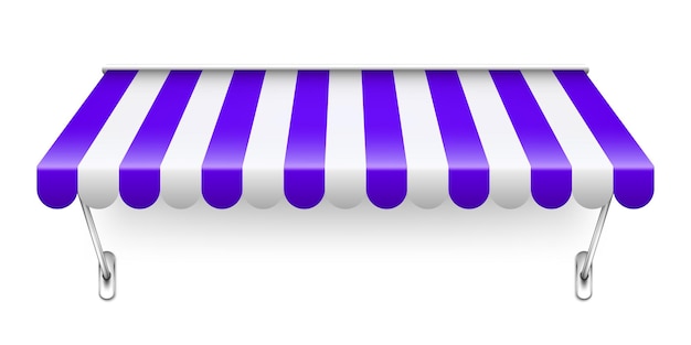 Vector shop sunshade with metal mount realistic violet striped cafe awning outdoor market tent roof canopy