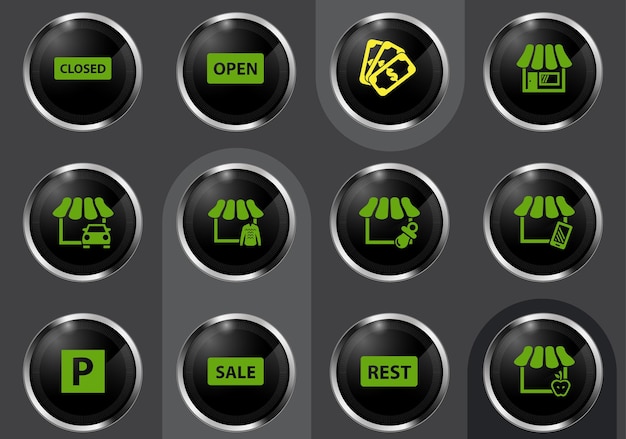 Shop symbols on black shiny buttons