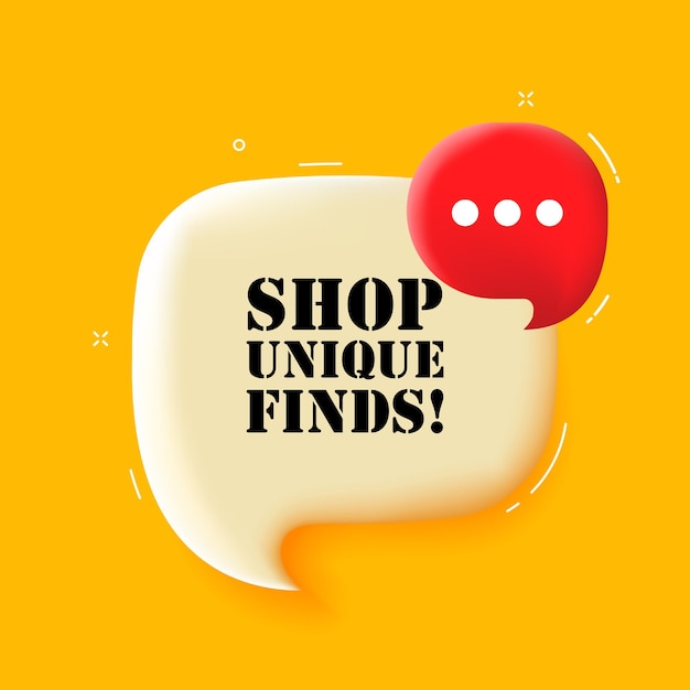 Уникальные находки магазина Голосовой пузырь с уникальными находками магазина Текст 3D иллюстрация Поп-арт стиль Векторная линейная икона для бизнеса и рекламы