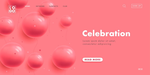 Shop for women landing page template celebration home screen banner with pink round balloons