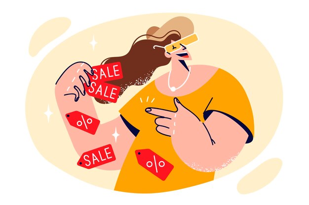 Vector shopaholic woman holds sale coupons and with smile calls for profitable shopping in mall shopaholic girl rejoices at bargain purchases made in store on black friday or christmas sale period
