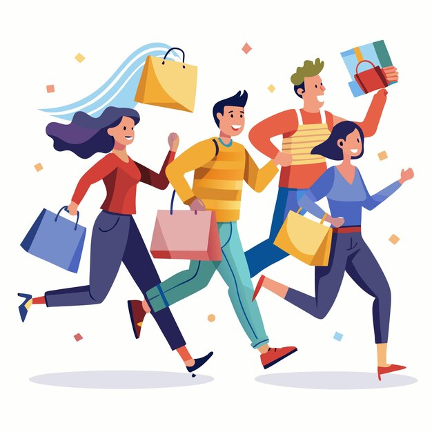 shopaholics running with bags joyful shopping spree