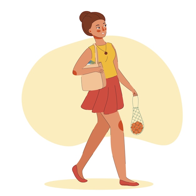 Shoping walking happy woman with products. Vector