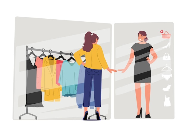 shopper trying on clothes size and style in virtual fitting room online dressing ecommerce clothing room concept