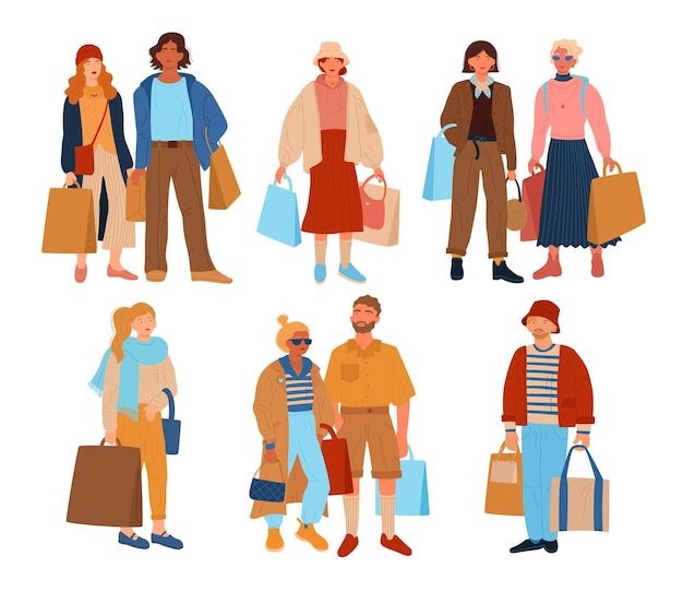 Shoppers characters Funny people in trendy clothes with large paper bags Modern young men and women make purchases Shopping discounts and sale season Vector fashionable persons set