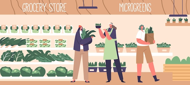 Personaggi degli acquirenti che selezionano microgreens freschi in un negozio di alimentari raccogliendo varietà vivaci e ricche di nutrienti che aggiungono un tocco sano e saporito ai loro pasti persone dei cartoni animati illustrazione vettoriale