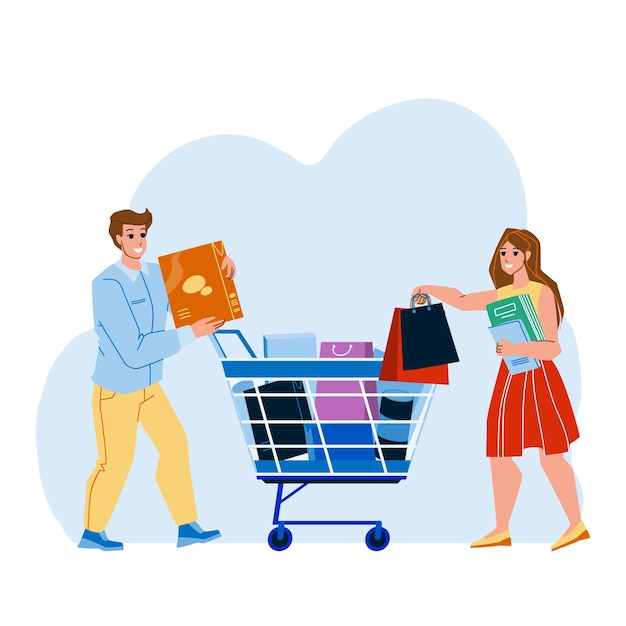 Shoppers couple goods add to cart in market vector