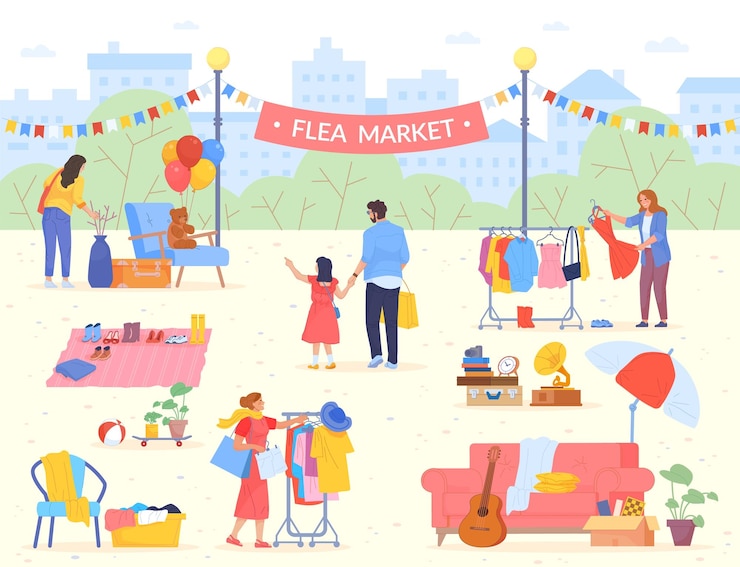 Vector shoppers on flea market 야외 바자 셀러 차고 상점 중고 보석 교환 중고 빈티지 의류 거리 판매 중고 박람회 가정 용품