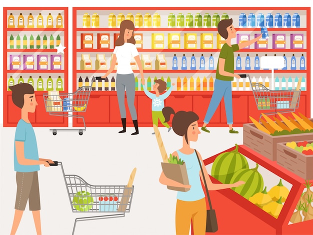 Shoppers in supermarkt. illustraties van volkeren in de buurt van schappen van winkel