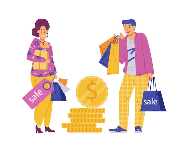 Shoppers man and woman with bags and coins flat vector illustration isolated