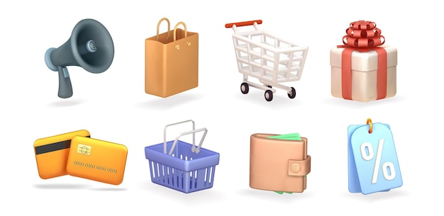 Shopping 3d icon set. basket gift, megaphone, credit card, discount label, shopping cart