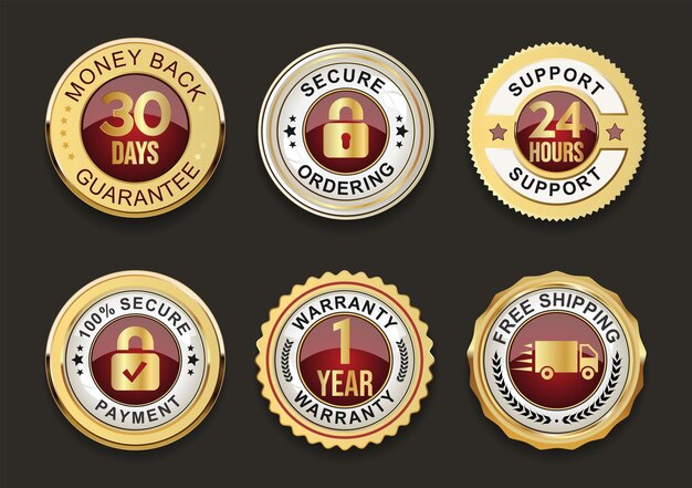 Vector shopping badge of free shipping warranty money back and satisfaction