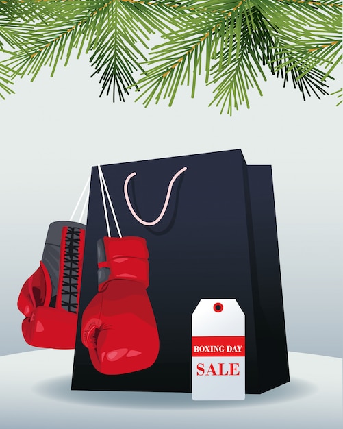 Shopping bag, boxing gloves and sale banner tag over gray