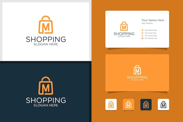 Shopping bag design logo initials m and business card design template premium vector