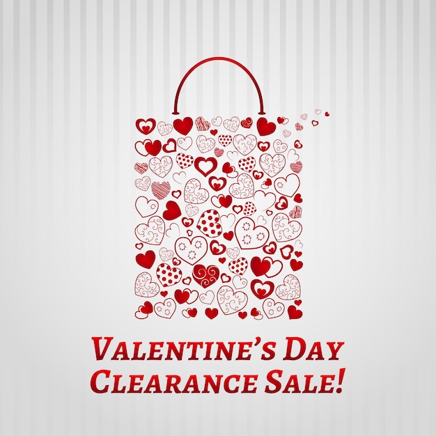 Vector shopping bag made of hearts on white striped background for valentines day