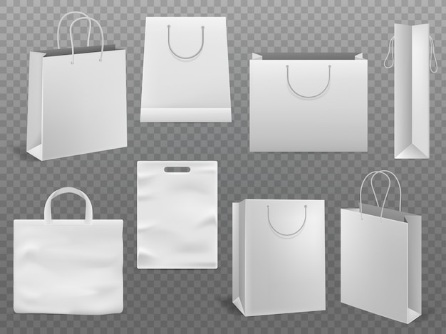 Shopping bag mockups. empty handbag white paper fashion bag with handle 3d isolated template