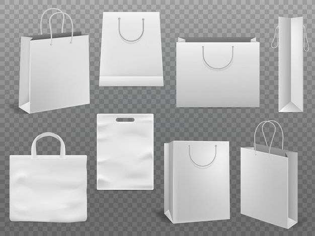 Shopping bag mockups. Empty handbag white paper fashion bag with handle 3d isolated template