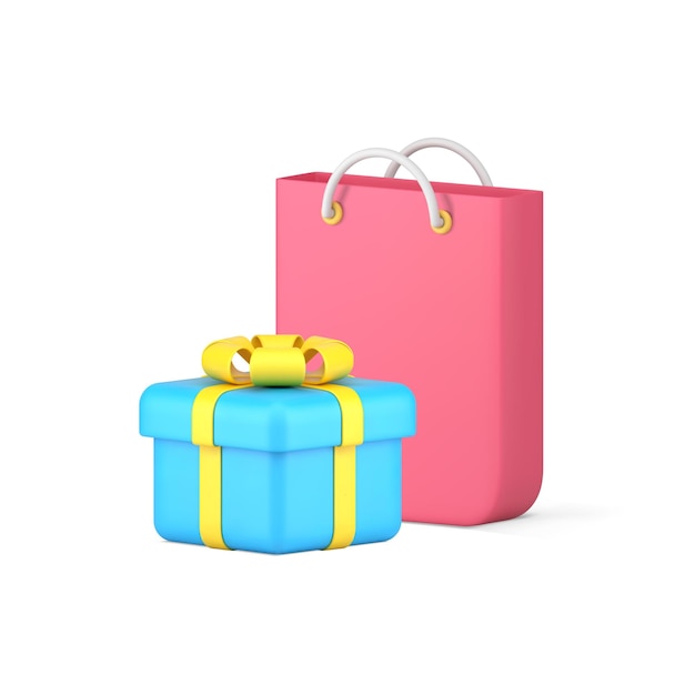 Shopping bag sale discount surprise gift box wrapped present 3d icon realistic vector illustration