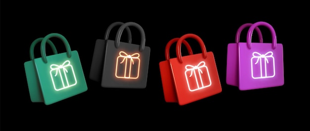 Shopping bag set realistic 3d design. Stylish fashionable bag isolated on black background. Colored collection. Vector illustration