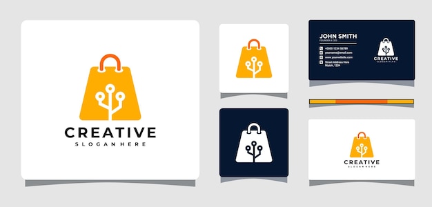 Shopping bag technology logo template with business card design inspiration