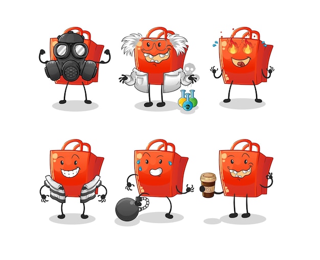 Shopping bag villain group character cartoon mascot vector